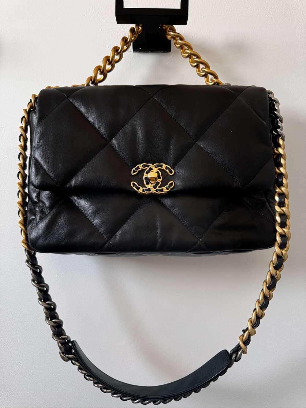 CHANEL 19 large Black Quilted Leather Shoulder Bag with multi colored Hardware